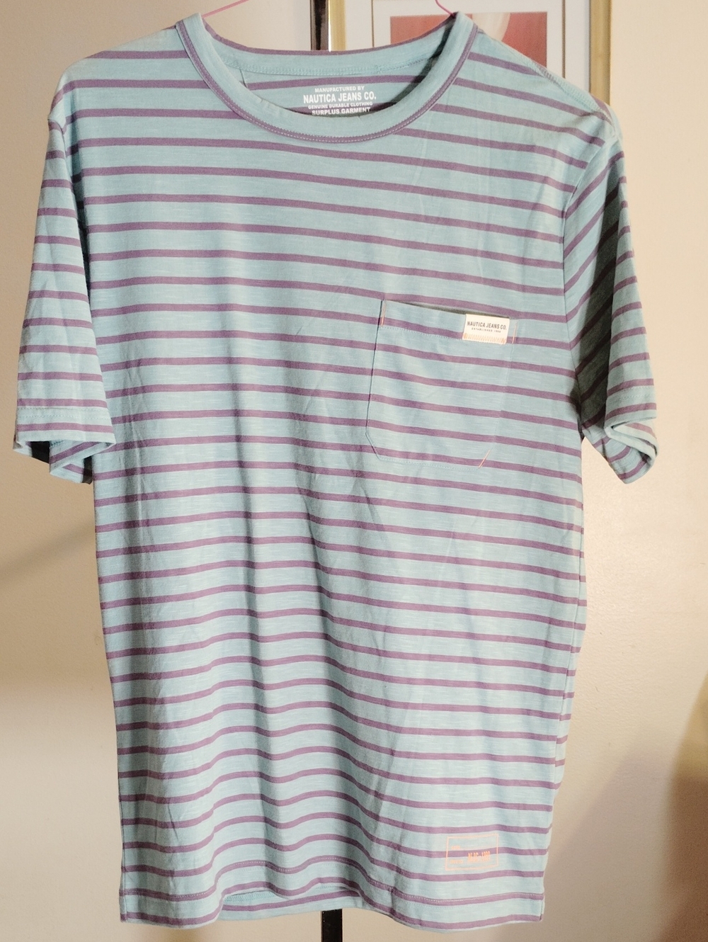 Nautica Light Blue and Lavender Striped Pocket Tee